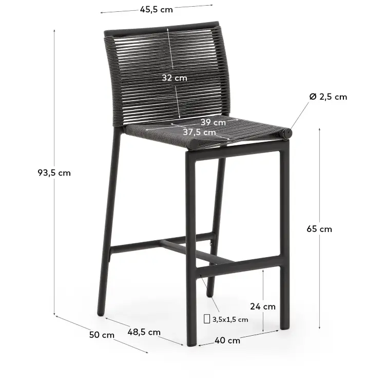 Садовый полубарный стул Culip из веревки и серого алюминия, 65 см