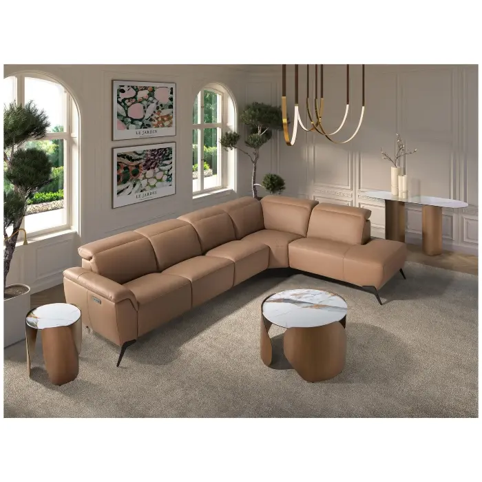 Диван модульный 5-ти местный 6280 с правым шезлонгом из светло-коричневой кожи