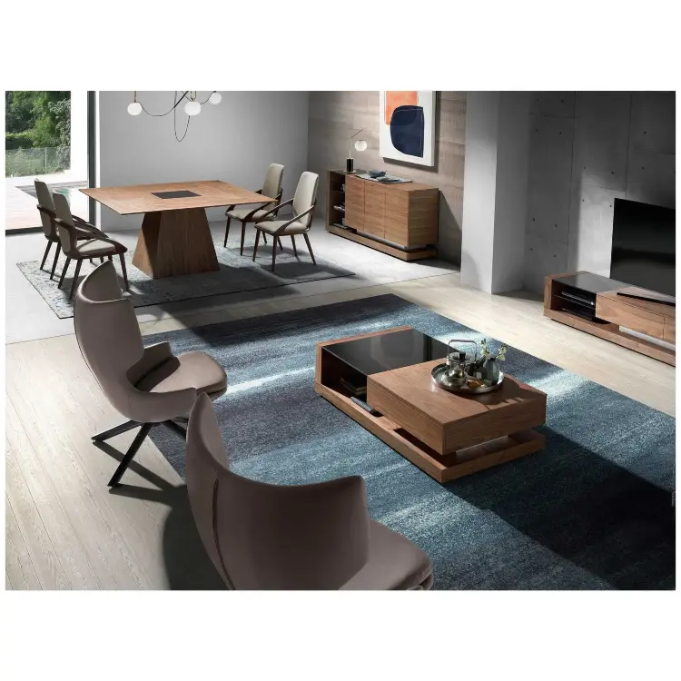 Квадратный обеденный стол MI1412 /1079 из ореха со вставкой из черного стекла