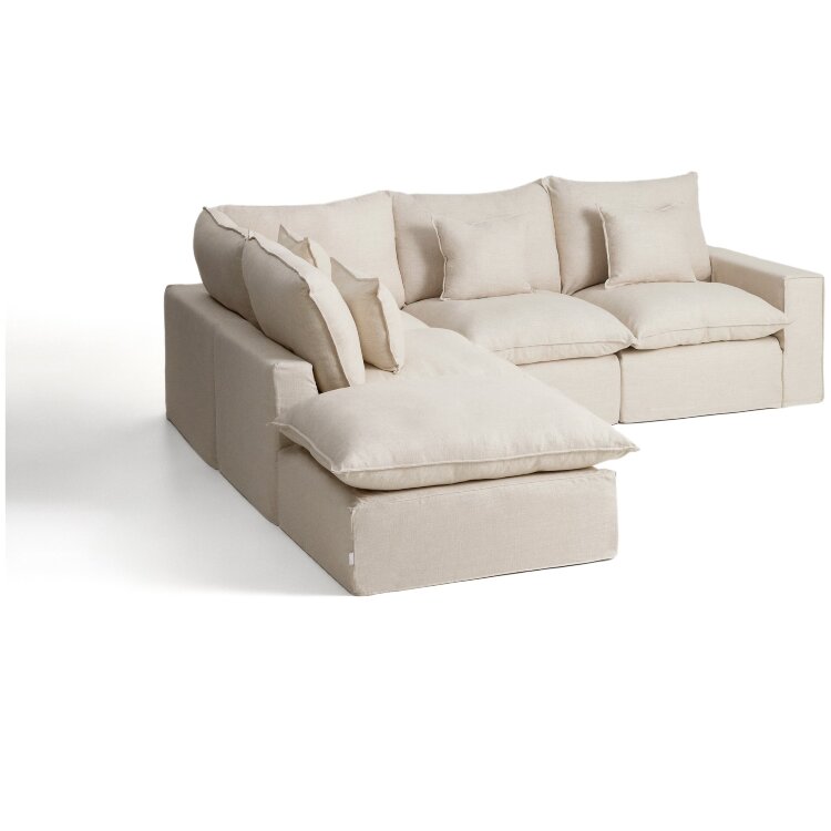 Угловой модульный диван Anarela на 4 места со съемными чехлами из бежевого льна и вискозы, 287 x 307