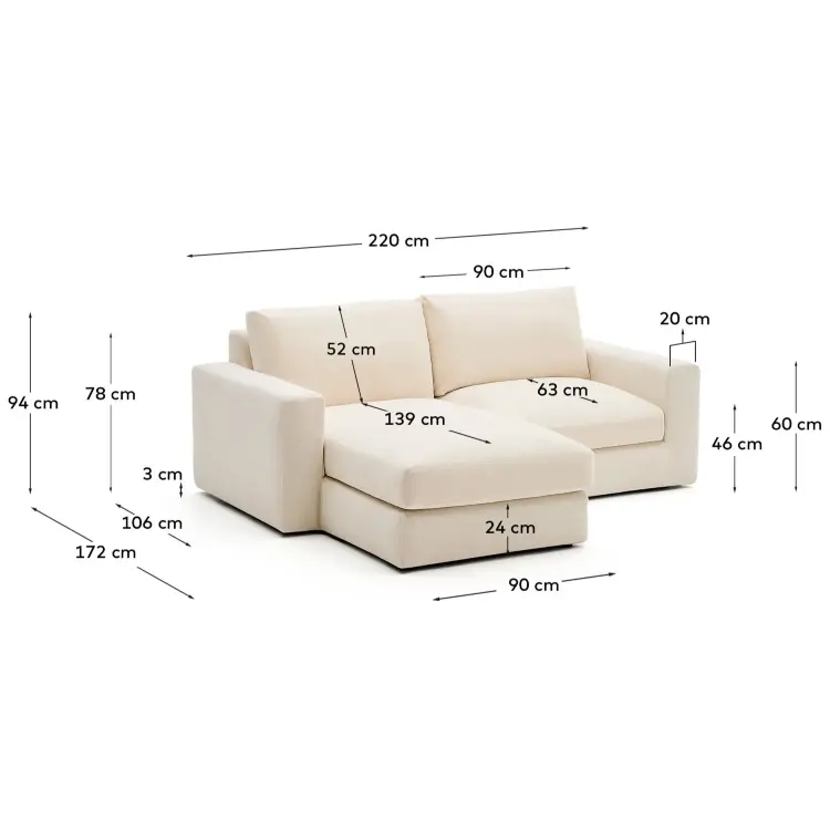 Alea 3-местный модульный диван с левым шезлонгом и съемным чехлом 220 см