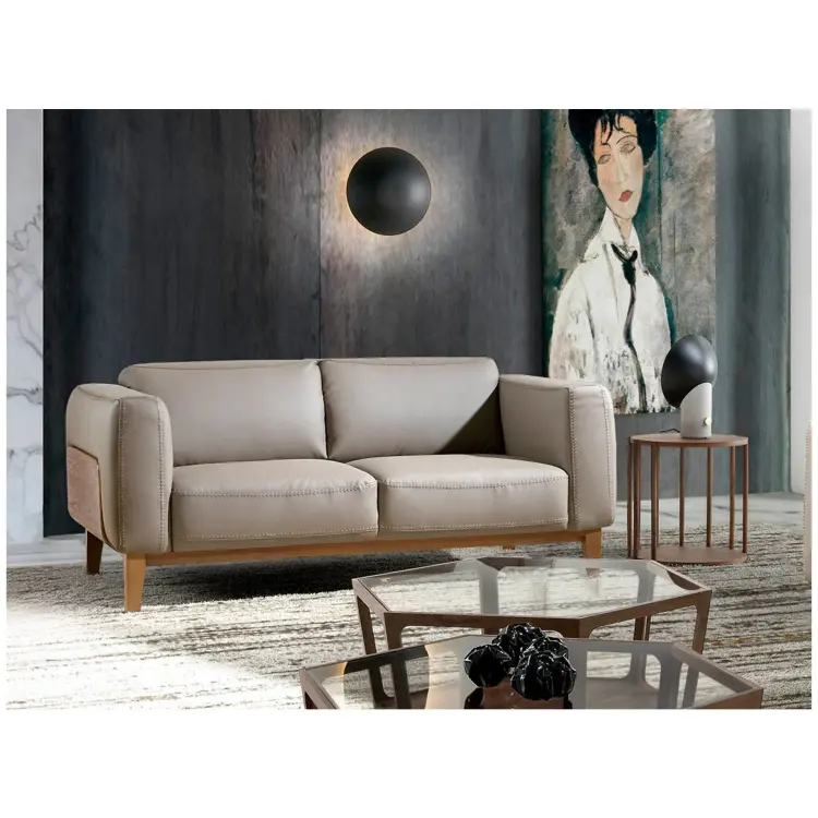 Диван 5353-2P /6028 2-х местный кожаный бежевый с ореховым каркасом