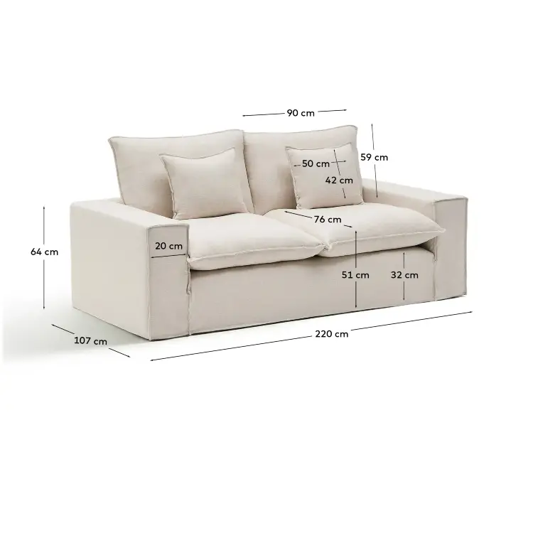 Двухместный диван Anarela из бежевого льна и вискозы со съемным чехлом, 220 см