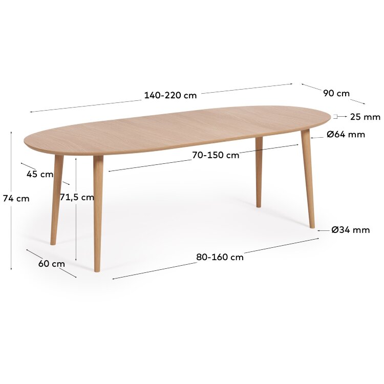 Раздвижной стол Oakland из МДФ с дубовым шпоном и ножками из массива каучука Ø140(220)x90 см