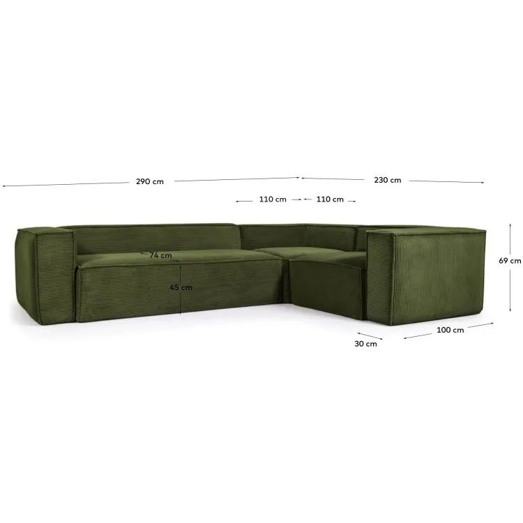 3-местный угловой диван Blok в зеленом толстом вельвете 290 x 230 см