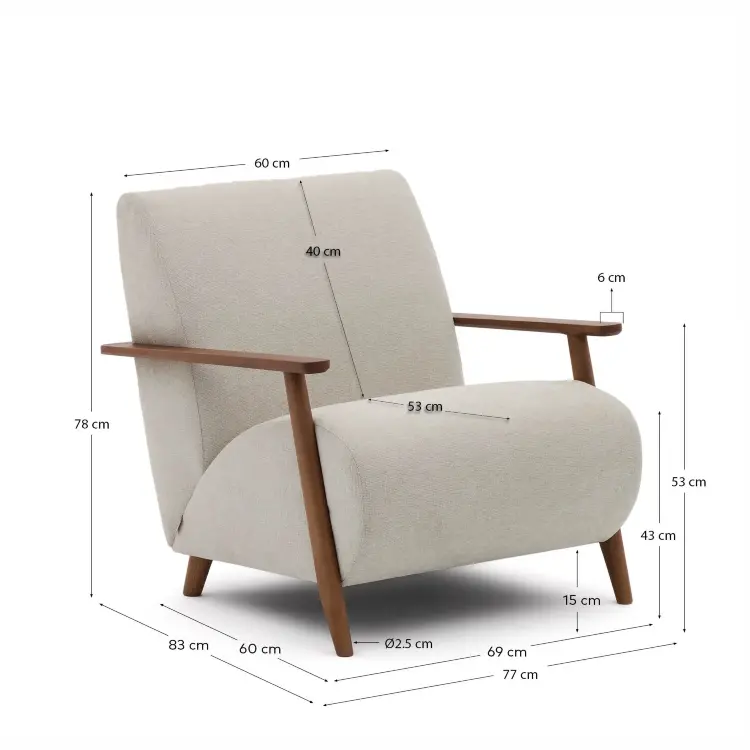 Кресло Meghan из жемчужного шенилла и массива ясеня с отделкой под орех