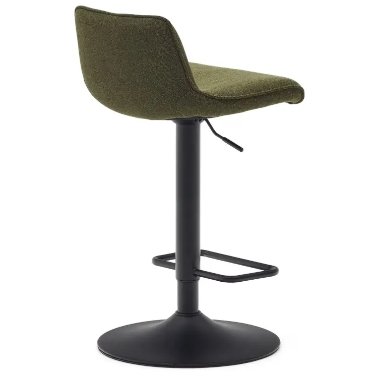 Барный стул Zenda из синели темно-зеленого цвета и черной матовой стали, высота 81–102 см.