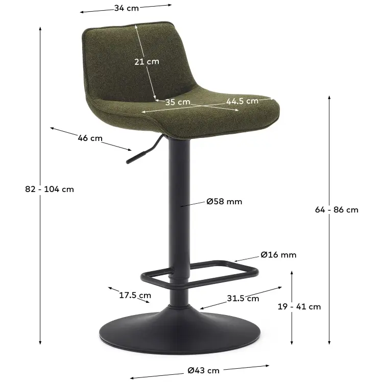 Барный стул Zenda из синели темно-зеленого цвета и черной матовой стали, высота 81–102 см.