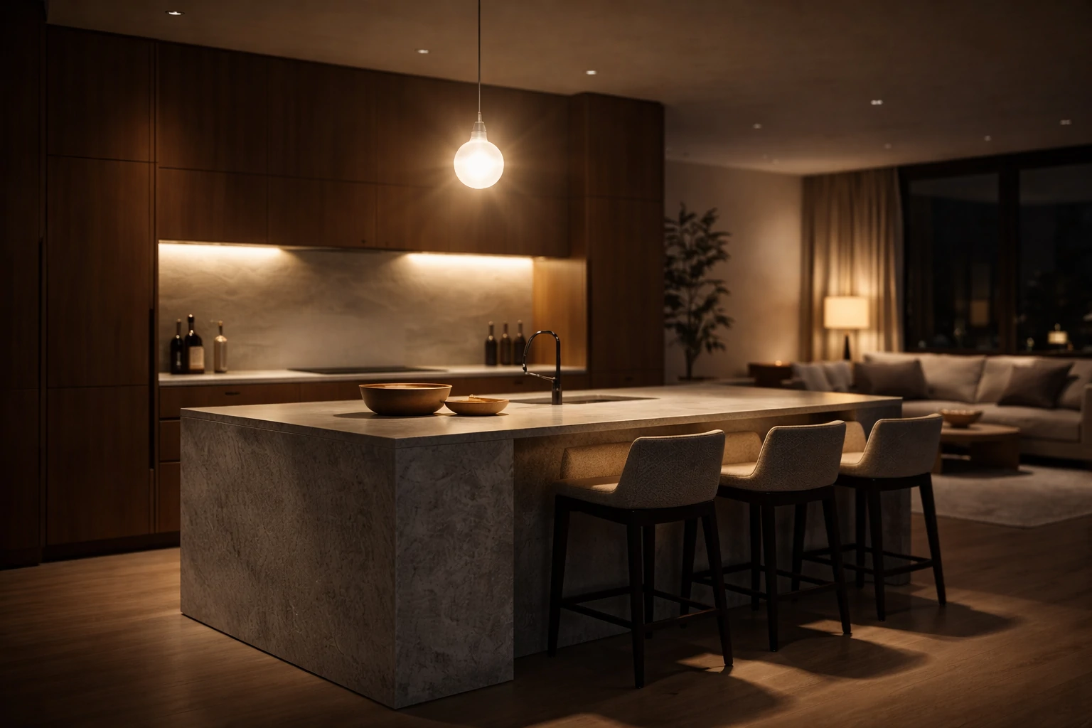 Слепящий подвес над кухонным островом создаёт тени на лице и визуальный дискомфорт освещения