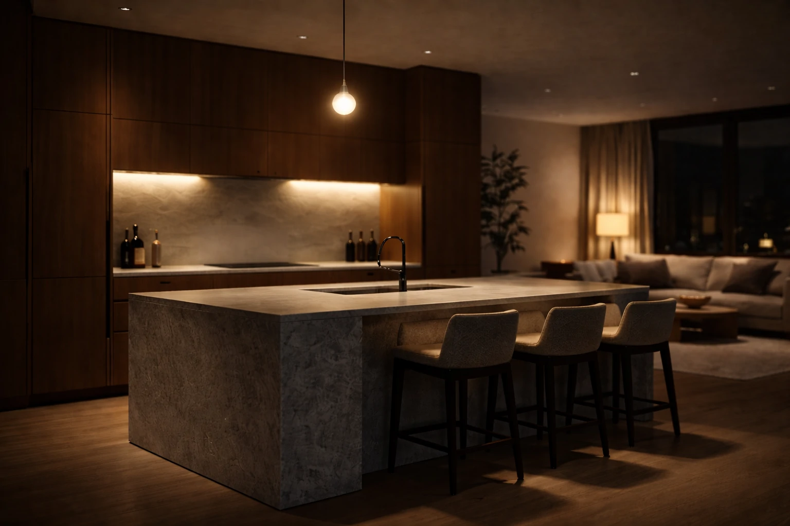 Слишком высокий подвес над кухонным островом не освещает рабочую поверхность столешницы