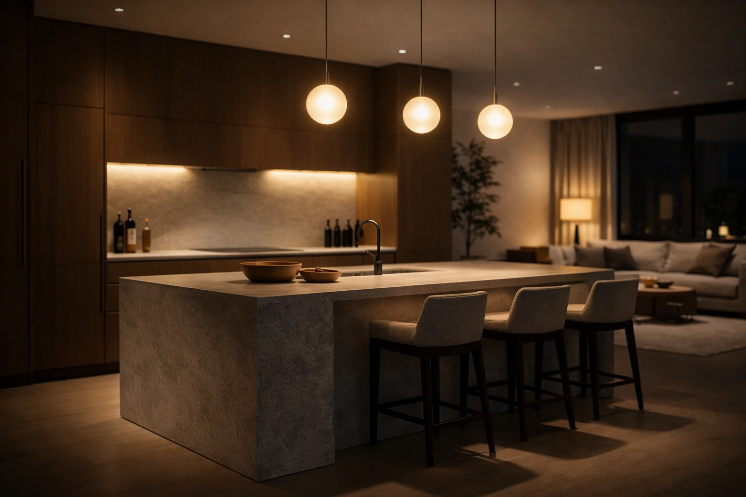 Правильная высота подвеса над кухонным островом обеспечивает мягкое освещение лиц без теней