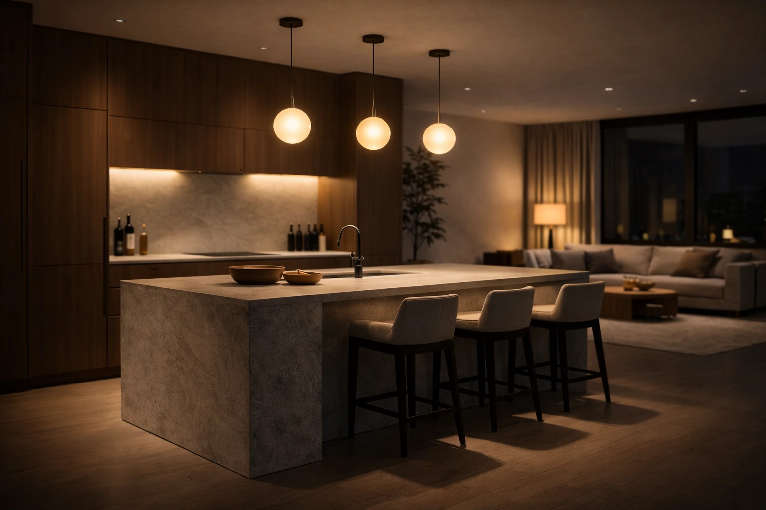 Сбалансированное освещение кухни и гостиной с акцентом на кухонный остров