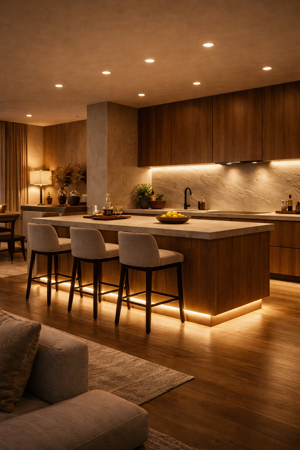 Парящая кухня с подсветкой цоколя